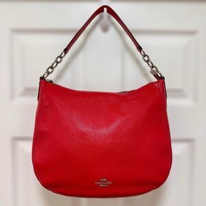 Coach Elle Hobo Pebbled Leather Chain Strap Detail Bright Red Shoulder Bag
